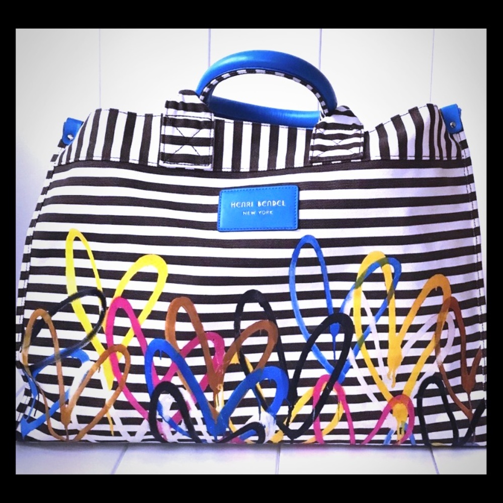 NWOT - Henri Bendel Black & White Striped Tote with Blue Accents